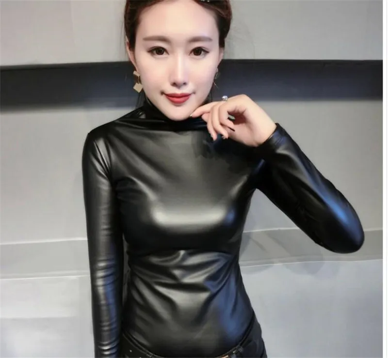 2019 Модные осенние женские топы из искусственной кожи рубашки водолазка с длинным