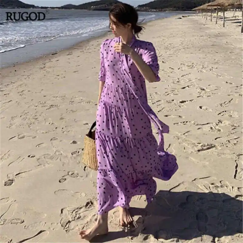RUGOD в Корейском стиле Летняя женская обувь в богемном стиле, в горошек, платье с рукавами-фонариками в свободном стиле, пляжные платья, на каждый день, для девушек хлопчатобумажный маскарадный костюм vestidos