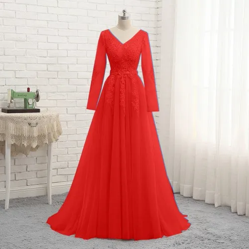Red Новое Вечернее Платье Vestido, Длинные вечерние платья цвета шампана с длинными рукавами, соблазнительное Тюлевое платье с аппликацией для выпускного вечера PW923 - Цвет: Red