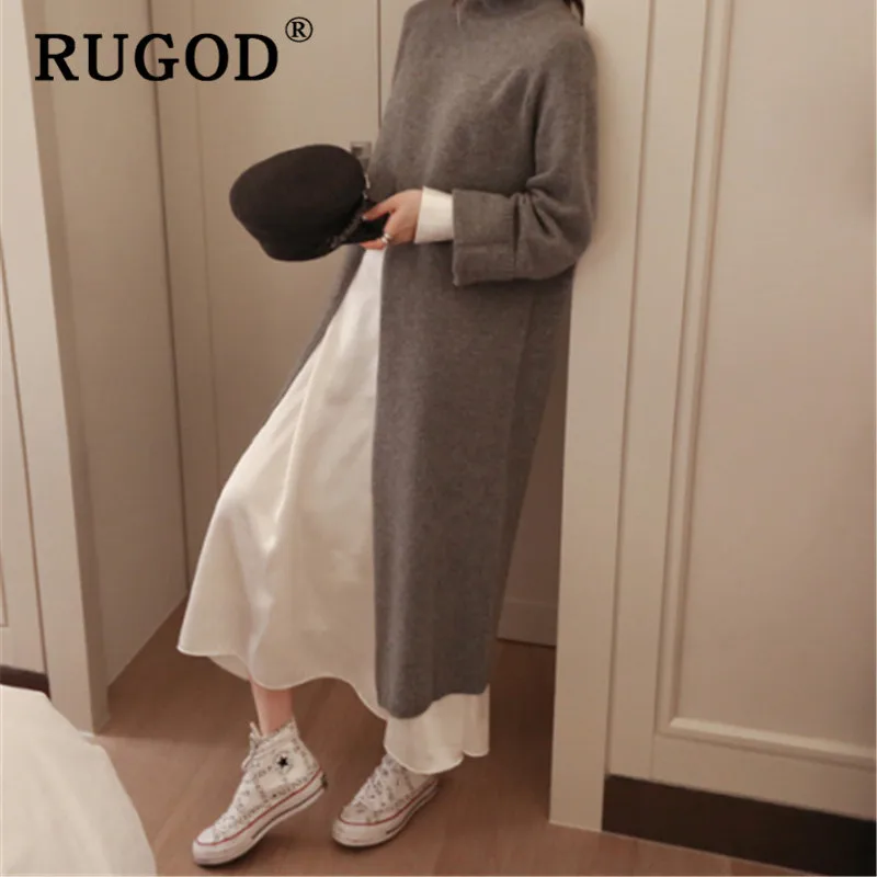 RUGOD Ins Новый Модный женский свитер с высоким разрезом водолазка длинным рукавом