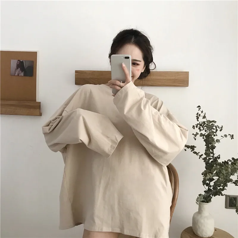 Корейская свободная Однотонная футболка Ulzzang, Женская Повседневная футболка с длинным рукавом, женские пуловеры с круглым вырезом, футболка Vogue, топы, футболки - Цвет: xing