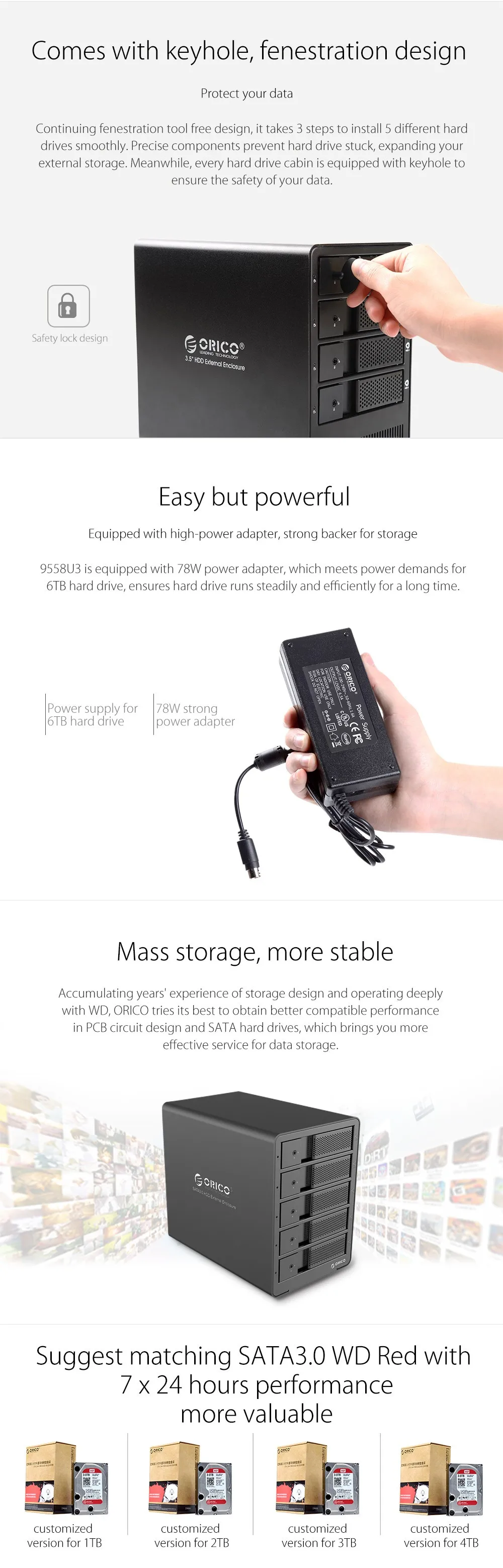 ORICO 5 bay 3,5 дюйма SATA алюминиевый USB3.0 корпус для жесткого диска 50 ТБ макс с 12V6. 5A ЕС вилка адаптер питания из России Склад