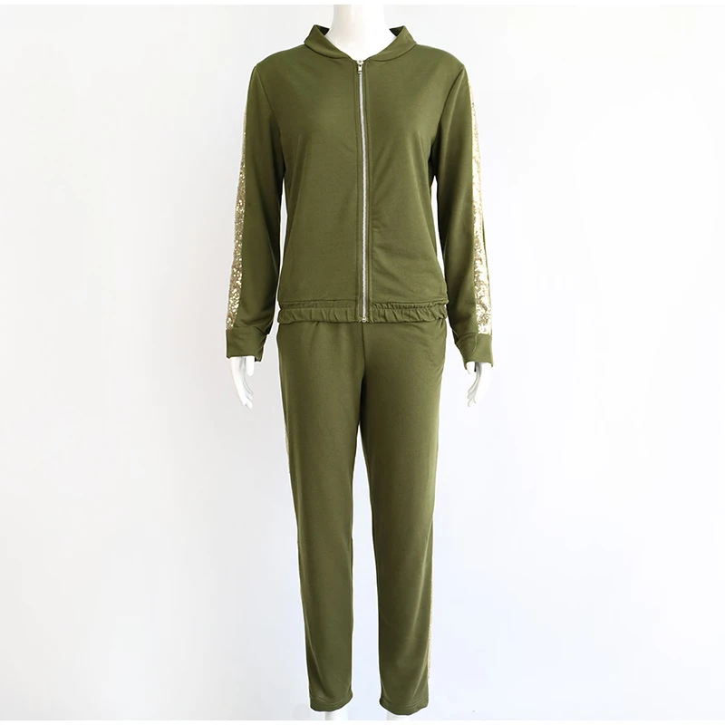 Side Sequined Tracksuit For Women Two Piece Set Autumn Zipper Long Sleeve Patchwork Sports Streetwear Women's Tracksuits