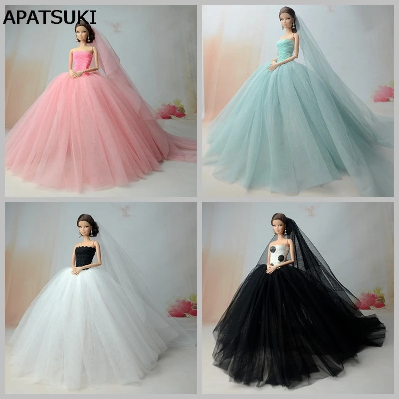 

Doll Dresses High quality Handmade Long Tail Evening Gown Clothes Lace Wedding Dress +Veil For Barbie Doll 1:6 Doll Accessories