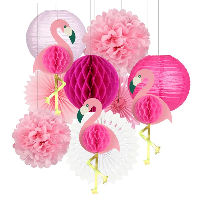 Tropical Pink Flamingo Party Honeycomb Decoration Tissue Paper Fan Flowers Paper Lanterns for Hawaiian Summer Beach Luau Party