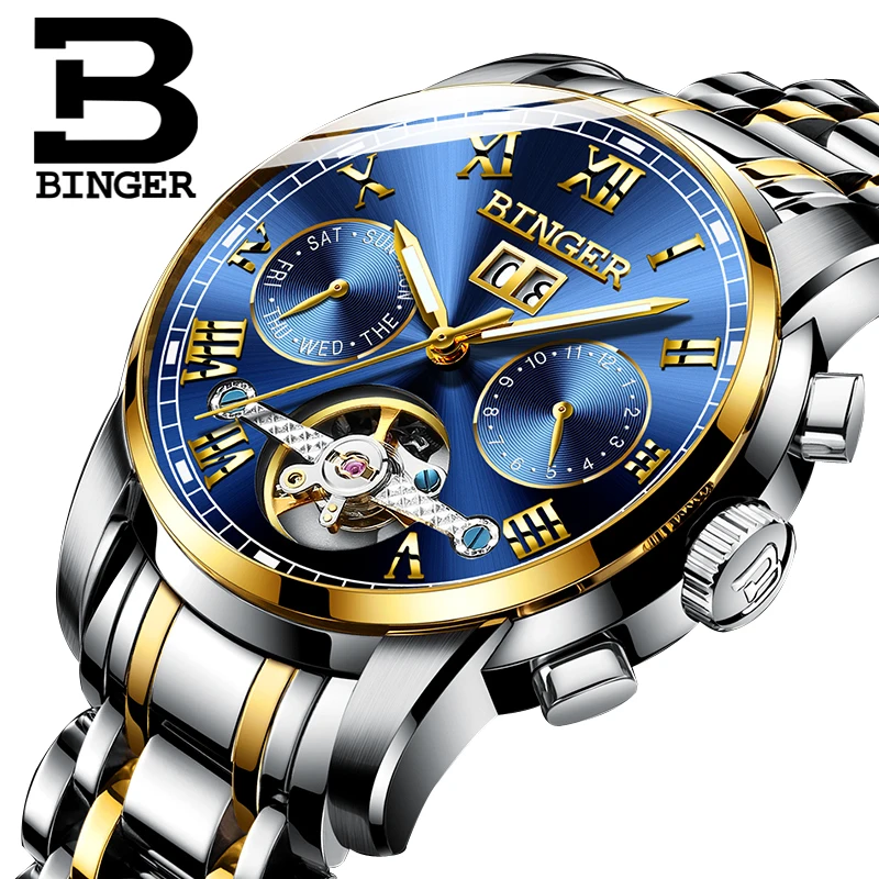 BINGER Mens Watches Top Brand Luxury Automatic Mechanical Watch Men Full Steel Business Waterproof Tourbillon Watch