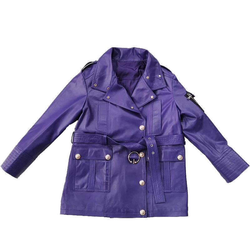 Новинка, фирменный дизайн, овчина, натуральная кожа, куртка для женщин, пуговицы, молния, пояс, средняя длина, натуральная кожа, куртки W1759
