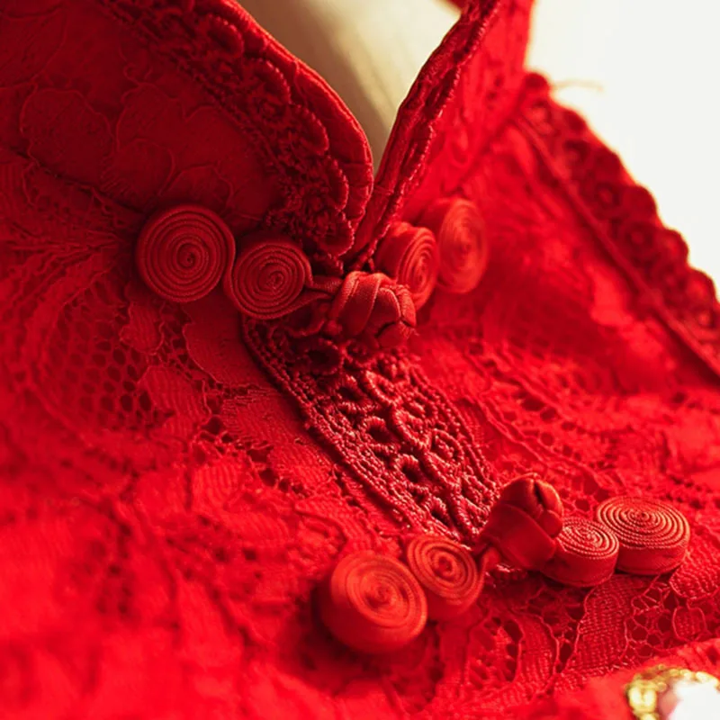 Женское кружевное платье-Ципао с вышивкой Феникс красное свадебное платье