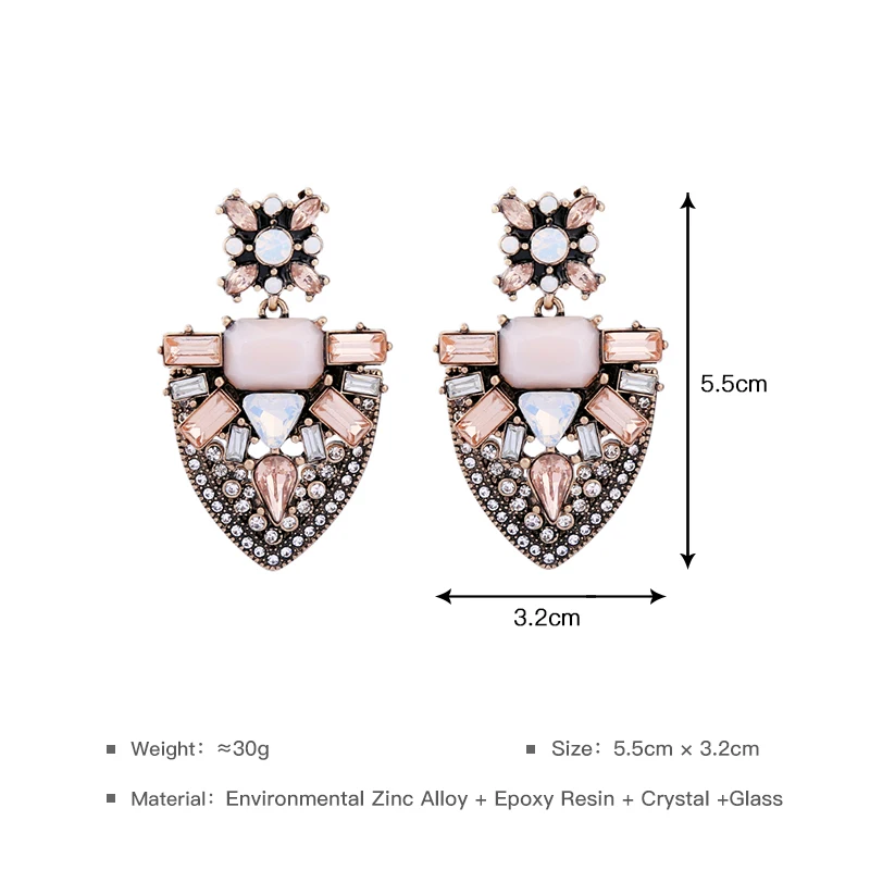 Женские массивные серьги с кристаллами винтажные геометрической формы