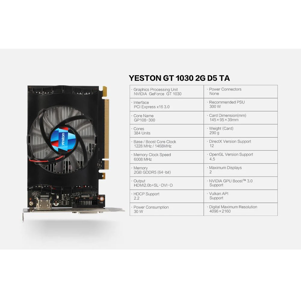 Yeston GT 1030 Geforce игровая видеокарта вентилятор GPU 2G GDDR5 64 бит 4K видеокарты HDMI DVI 384 SP PCI E