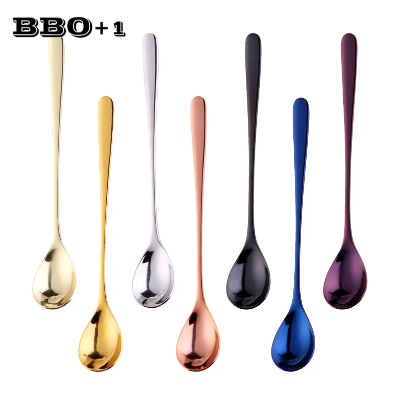 

Long Handle Ice Spoon Rose Gold Coffee Spoon Black Stainless Steel Tea Spoon Fruit Mixing Stirring Cold Drink Dessert Spoon 8''