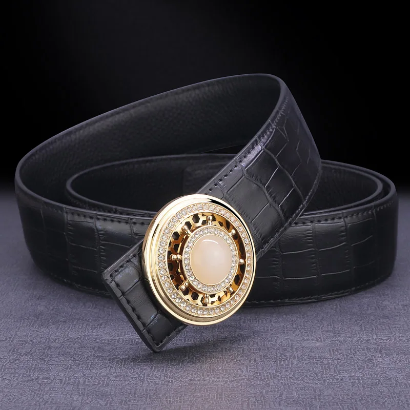 High quality designer belt men genuine leather luxury famous rotate round buckle Crocodile pattern Waist Strap Casual Waistband - Цвет: Black Golden-buckle