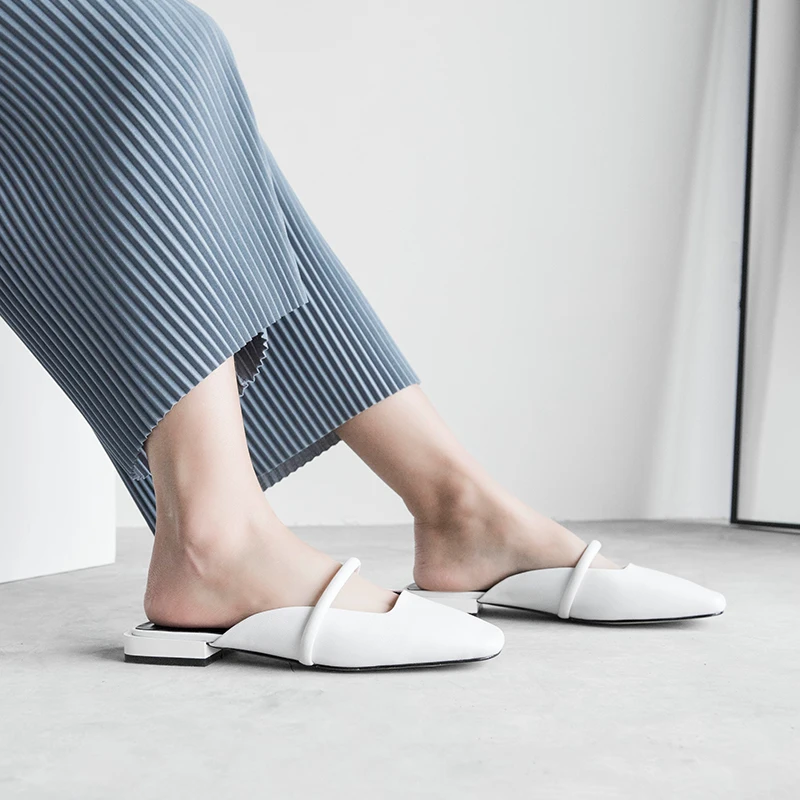 

WETKISS Cow Leather Slippers Women Square Toe Footwear Thick Low Heels Slides Shoes Woman Spring Female Mules Shoes Woman 2019