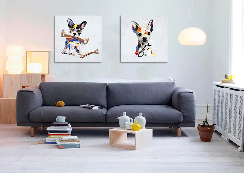 

High Quality Hand Painted Modern Art Colourful Animal Lovely Puppy Dog 100% Handmade Oil Painting + Print For Living Room Decor