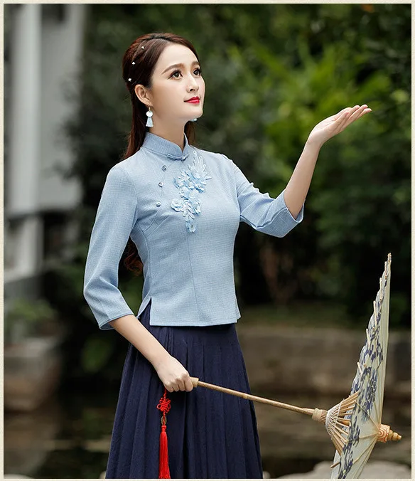 Женская зеленая блуза Cheongsam в китайском стиле, повседневная одежда guzheng с рукавом в древнем стиле, рубашки Qipao, топы летнего размера плюс