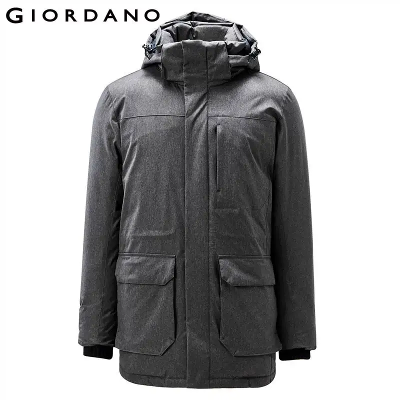 Giordano мужской зимний пуховик средней длины с капюшоном набивка из натурального