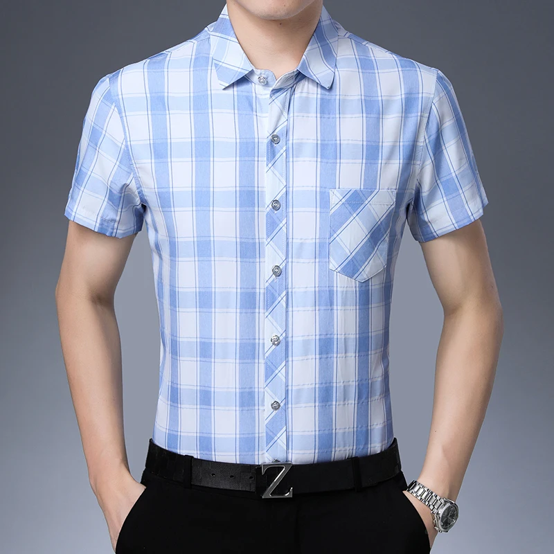 

New Arrival Mens Summer Fashion Plaid Dress Shirt Casual Male Short Sleeve Patchwork Colors Shirt Free Shipping