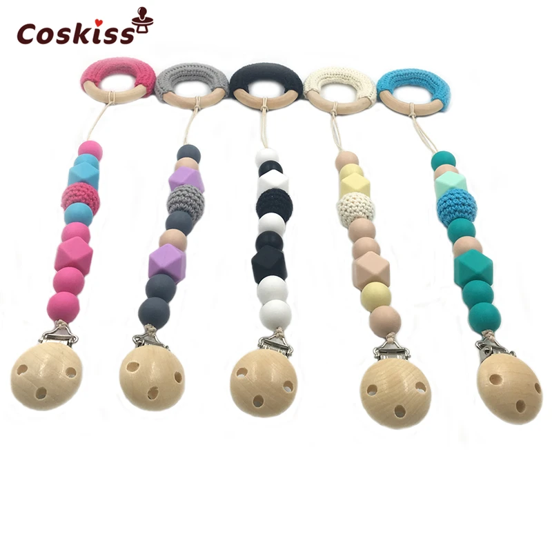 

New Product Wooden Crochet Ring Food Grade Silicone Beads Wooden Crochet Beads Pacifier Clips DIY Baby Teether Nursing Toys