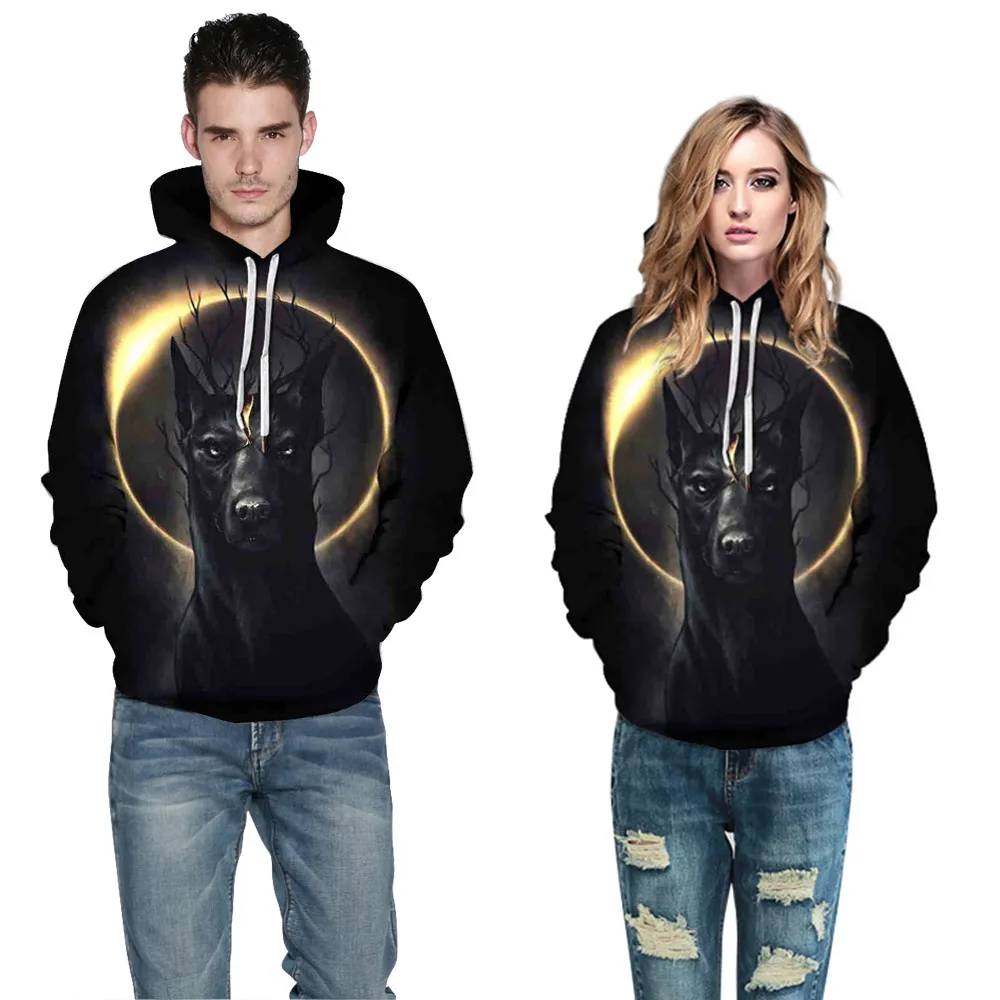 

Модные мужские/женские пуловеры 2019 в стиле хип-хоп, объемный цифровой принт солнечного затмения, Черный волк, капюшон с длинным рукавом, сво...