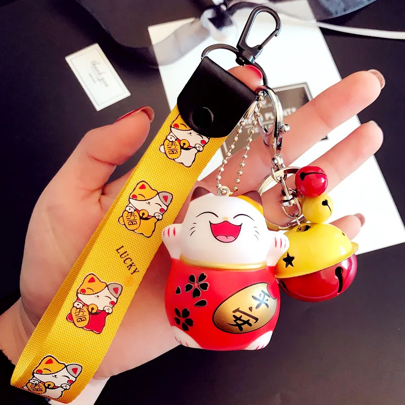 K2 Cartoon Cute Animal Smile Face Lucky Cat Keychain Braid Belt Bells Key Ring Women Car Bag Charm Key Chains Pendant Trinkets Gift - Цвет: K2