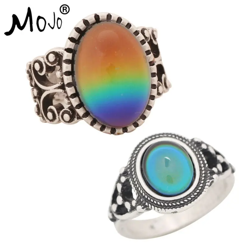 

2PCS Antique Silver Plated Color Changing Mood Rings Changing Color Temperature Emotion Feeling Rings Set For Women/Men 003-006
