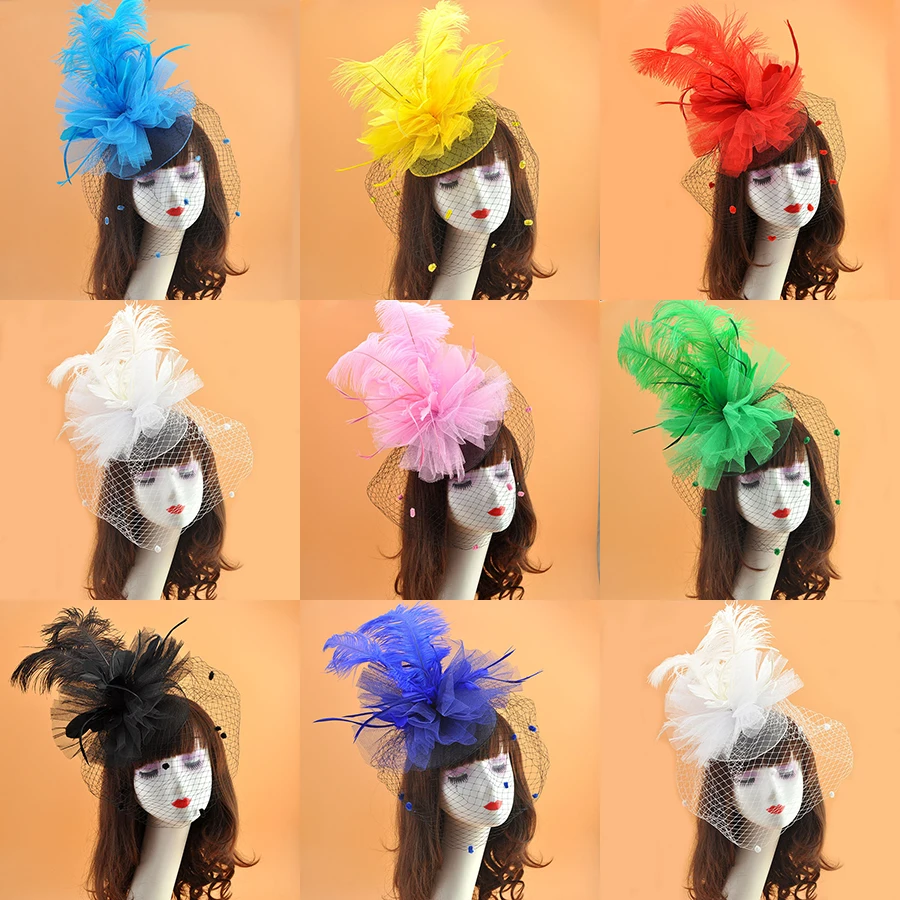 Wedding Party Hats Cover Face Veils Bridal Headwear Women's Cocktail And Fascinator Kentucky Derby Hat Long Feather | Свадьбы и