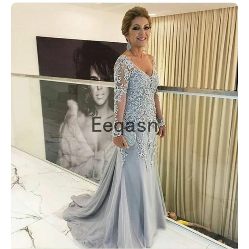 

Long Sleeve Mother of the Bride Dresses for Weddings 2020 Lace Applique V Neck Formal Evening Gown Cheap vestido novia