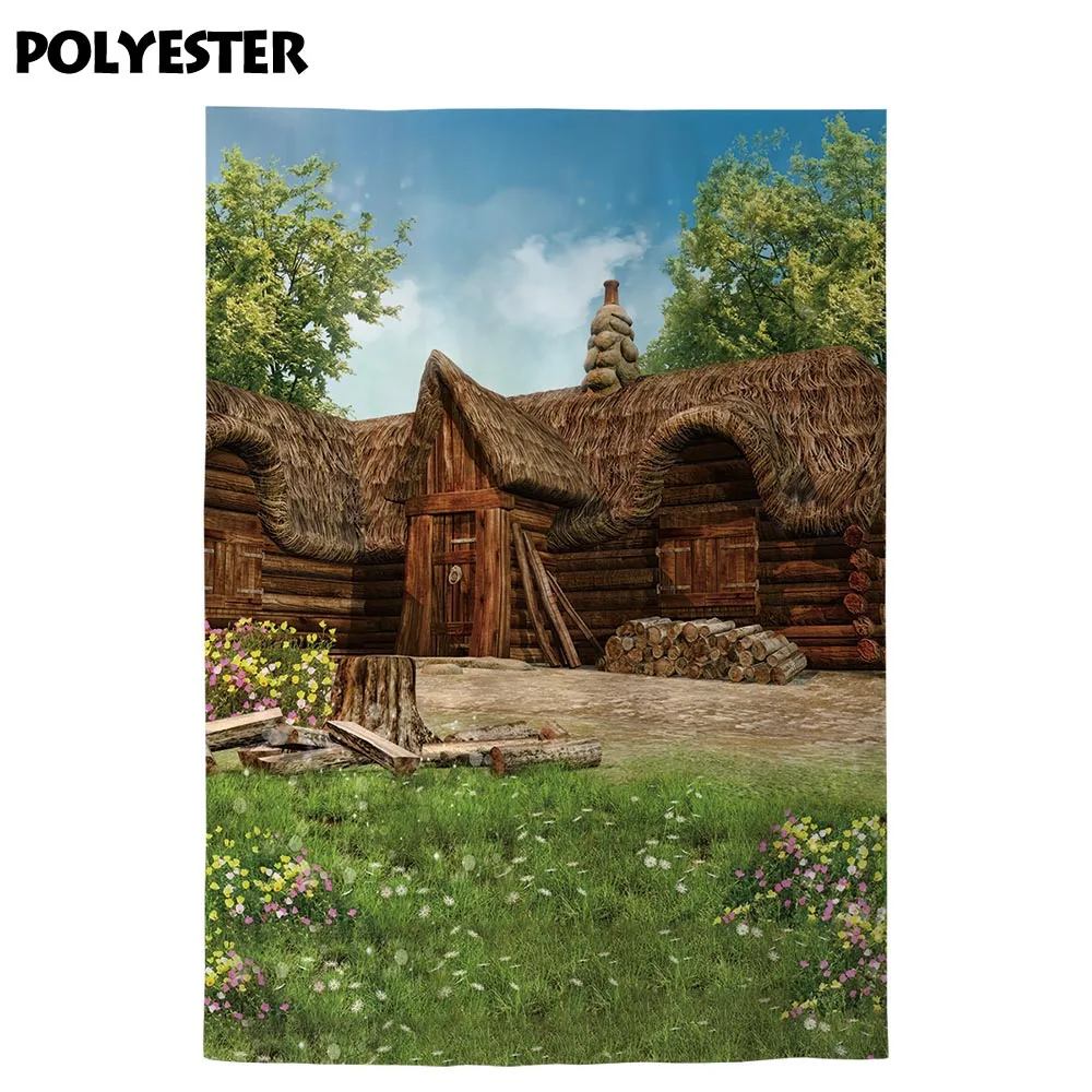 Allenjoy backdrop for photographic studio old Log house cottage spring green meadow flowers lawn background photo | Электроника