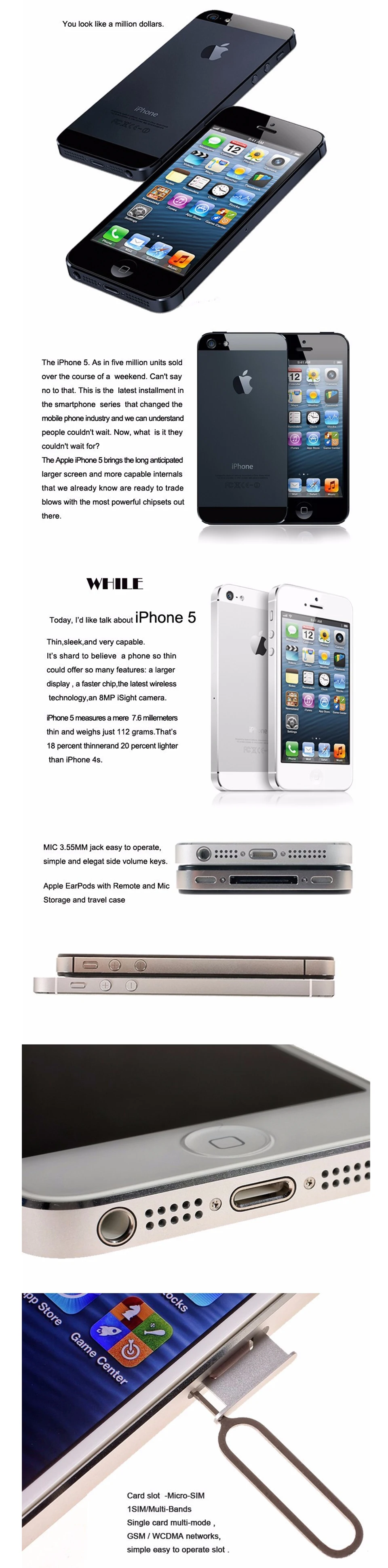 Разблокированный iPhone 5 16 Гб/32 ГБ/64 ГБ Встроенная память двухъядерный 3g 4,0 дюйма Экран 8MP Камера iCloud WI-FI gps IOS OS сотовые телефоны