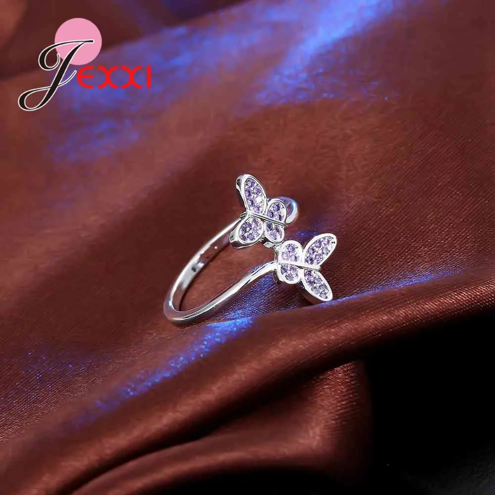 Fashion Opened Ring High Polish Double Cute Love Butterfly Small Purple Cubic Zirconia Crystal 925 Sterling Silver Wedding | Украшения и