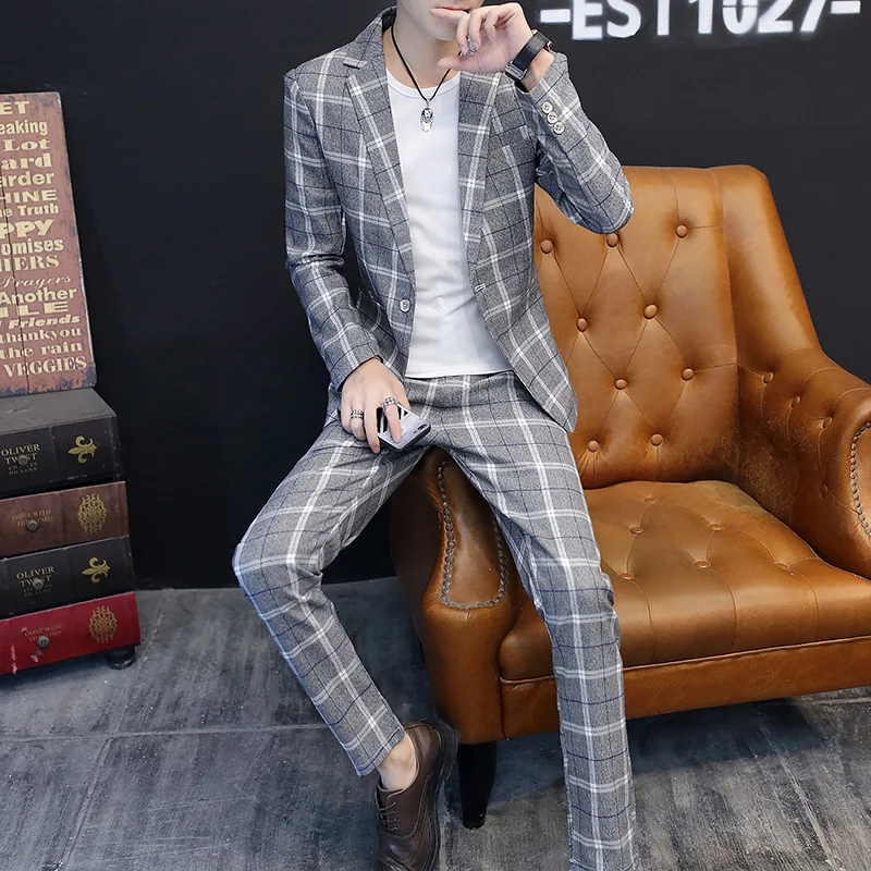 Весна осень Для мужчин с британской Бизнес Повседневное Slim Fit плед Костюмы