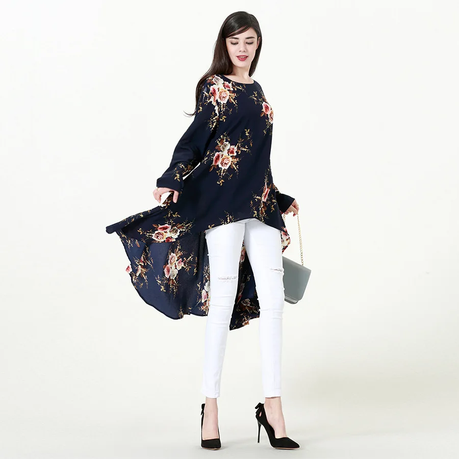 2019 женские мусульманские длинные топы с круглым вырезом длинным рукавом Плюс