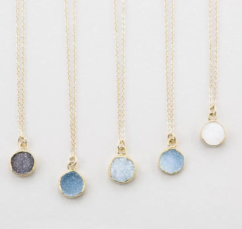 Персонализированные подарки на день рождения Dainty Druzy 14 k позолоченный Druzy кулон ожерелье/Druzy необработанный драгоценный камень ожерелье для мамы подружки невесты