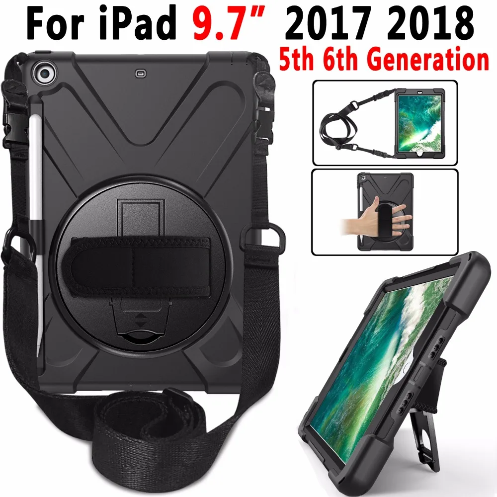 

Вращающийся на 360 градусов ударопрочный чехол для Apple iPad 9,7 2018 2017 5-го 6-го поколения, чехол, ручной плечевой ремень, держатель-карандаш