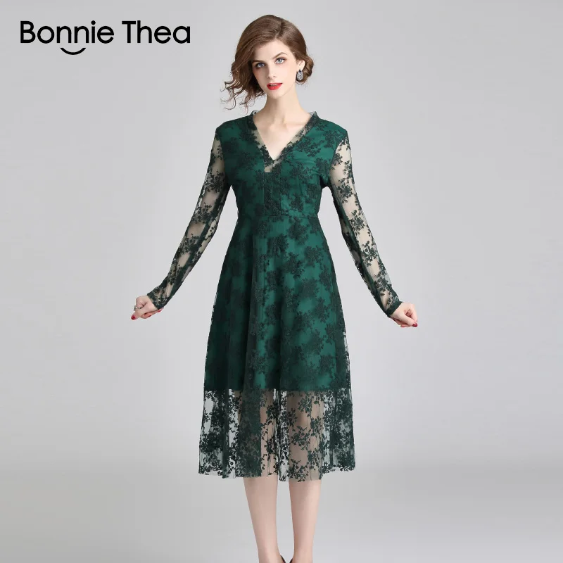 Bonnie Thea женское зеленое кружевное длинное платье осеннее с длинным рукавом