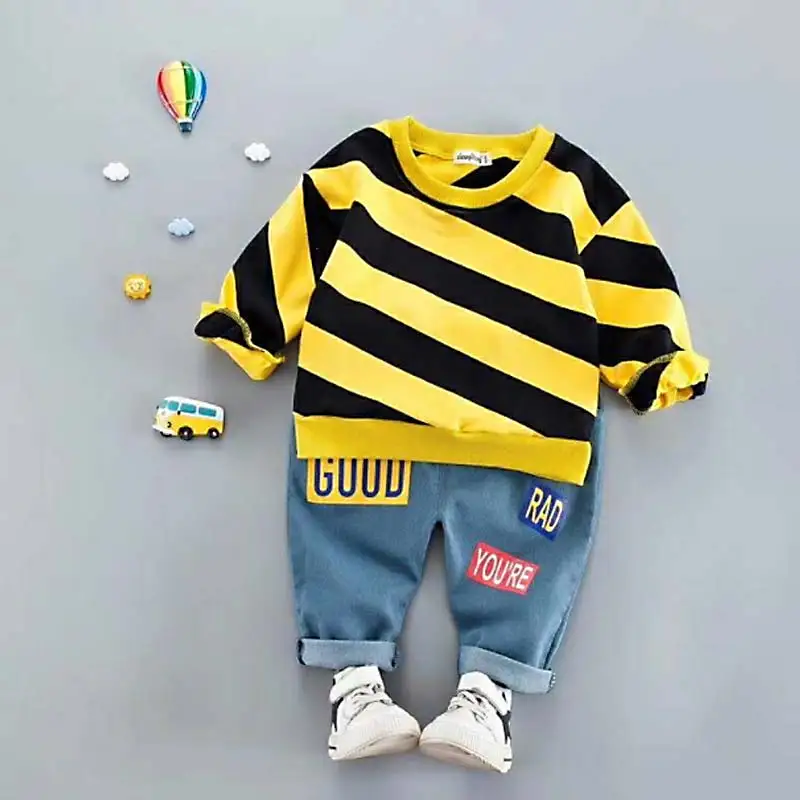 BOTEZAI Child Boy Striped Clothes Sets For Baby Girls Boys Fashion Letter Long Sleeve T shirt + Jeans Pants |