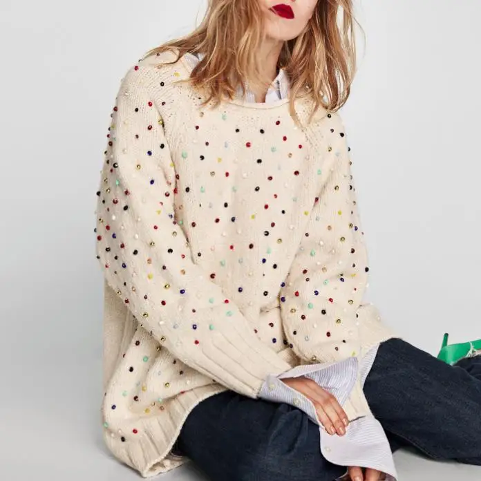 2018 autumn Women Sweater Pearl Beading long Sleeves Sweaters o-neck loose Knit Pullovers sweater | Женская одежда