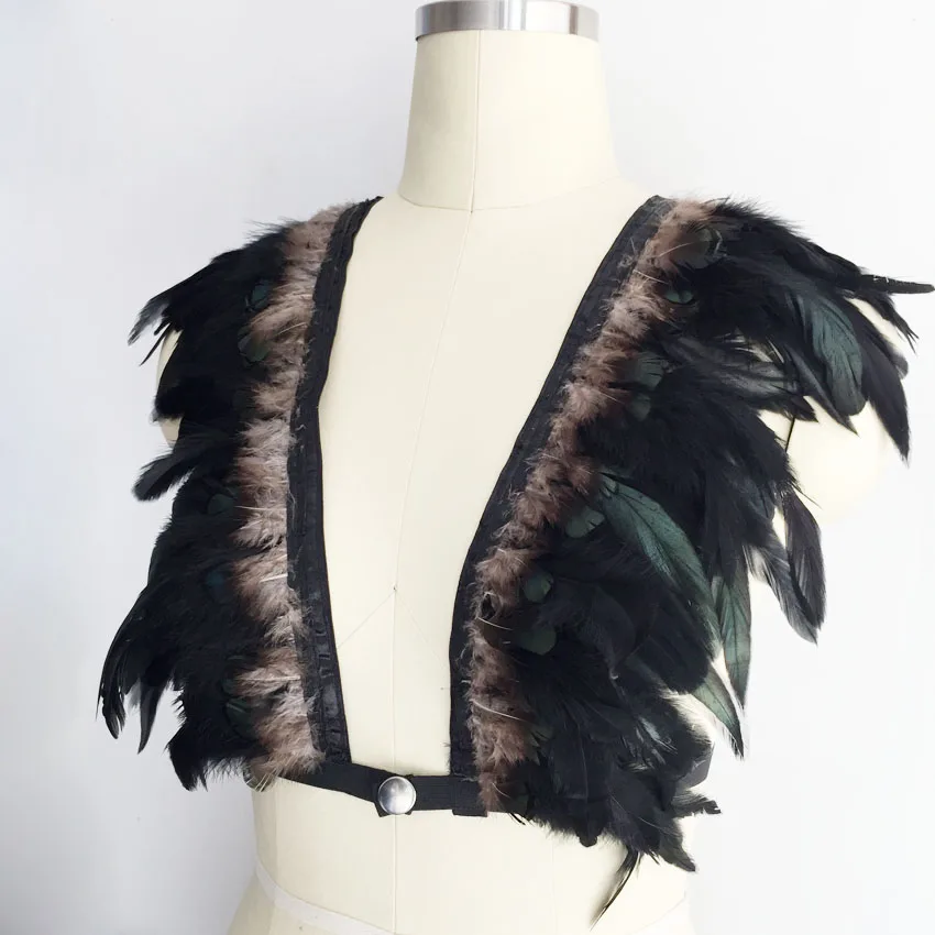 Эластичный черный бюстгальтер с черными крылышками перьями эполетами|body harness cage