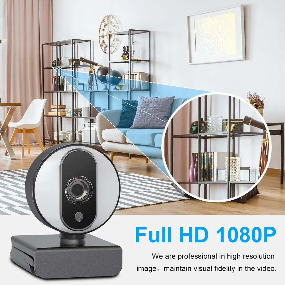 Веб камера HD 1080P встроенный регулируемый кольцевой светильник с автофокусом USB