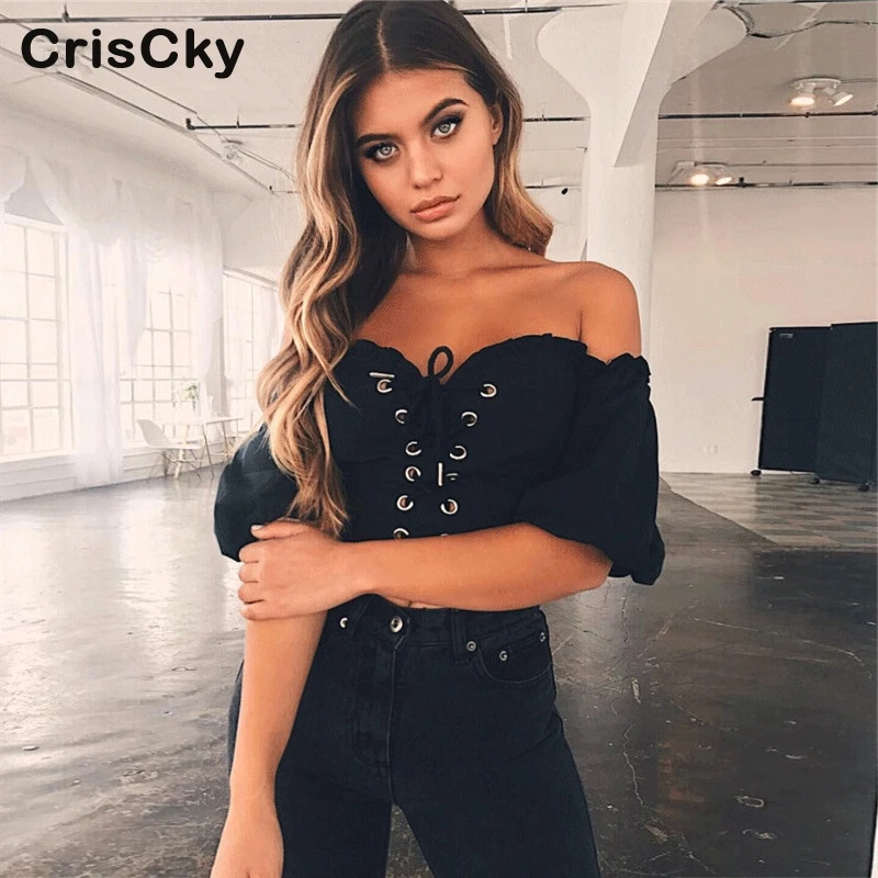 CRISCKY/Новинка женская футболка длинный рукав фонарик с оборками короткие женские