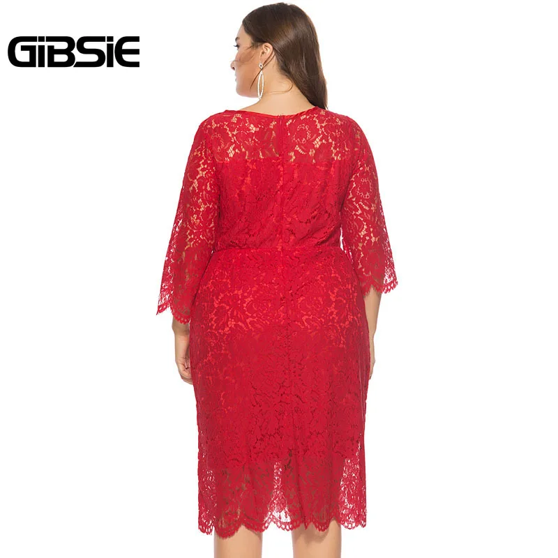 GIBSIE 6XL Для женщин элегантные кружевные вечерние платье Повседневное туника с рукавом три четверти Длина рукавами трапециевидной формы миди платье размера плюс Женская одежда
