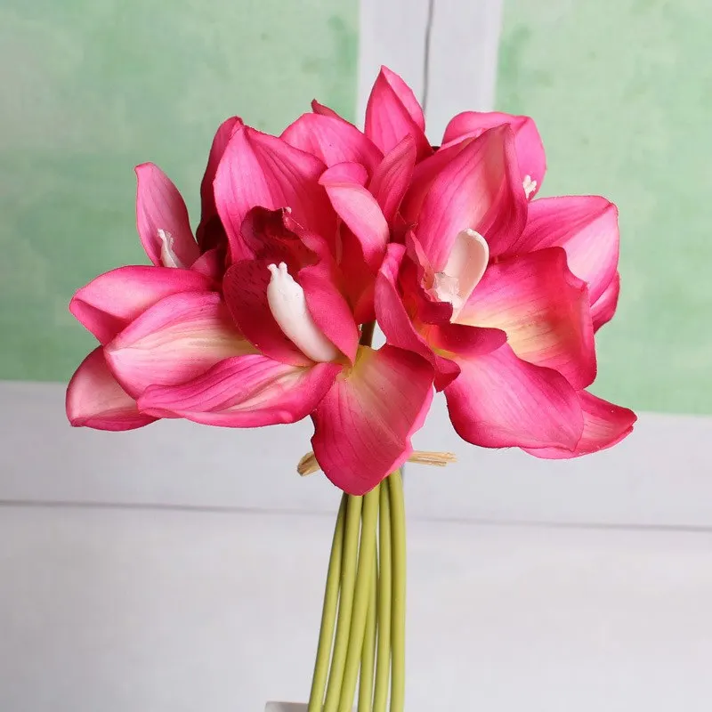 Rose Red 6 головок, настоящее прикосновение, Cymbidium, короткая съемка, украшение стола, искусственные цветы, орхидеи, сделай сам, для свадьбы, невесты, ручной работы, цветы, домашний декор - Цвет: Rose Red