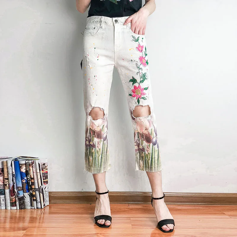 Summer Spring Women White Ripped Hole Printed Floral Pattern Ankle Length Denim Pants Woman Flower Jeans Trousers | Женская одежда