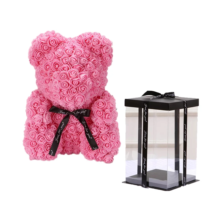 Deep pink with box Милый плюшевый мишка 25 см/40 см, искусственные цветы розы, PE розовый Мишка для женщин, подруги, подарок на День святого Валентина для детей на день рождения - Цвет: Deep pink with box