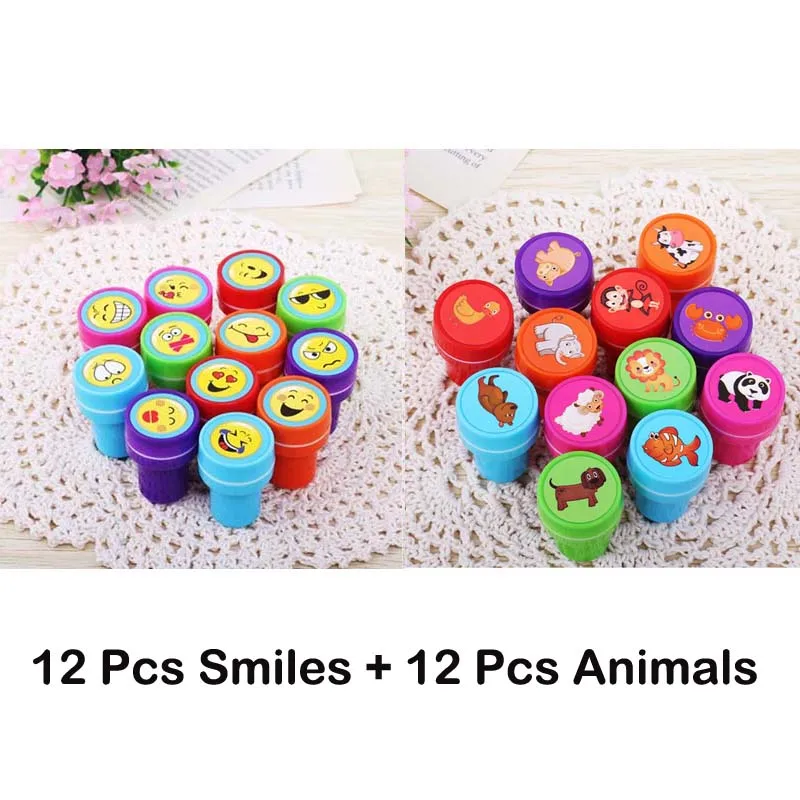 12Animals x 12 Smile 24 шт самозаправляемые чернильные штампы, детские товары для вечеринок, подарки на день рождения, игрушки для мальчиков и девочек, Goody Bag, наполнители для пиньяты, рождественский подарок - Цвет: 12Animals x 12 Smile