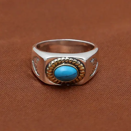 

S925 Sterling Silver Feathers Ring Retro Thai Silver Takahashi Kagura Goro's Simple Smooth Inlaid Turquoise Ring Men And Women
