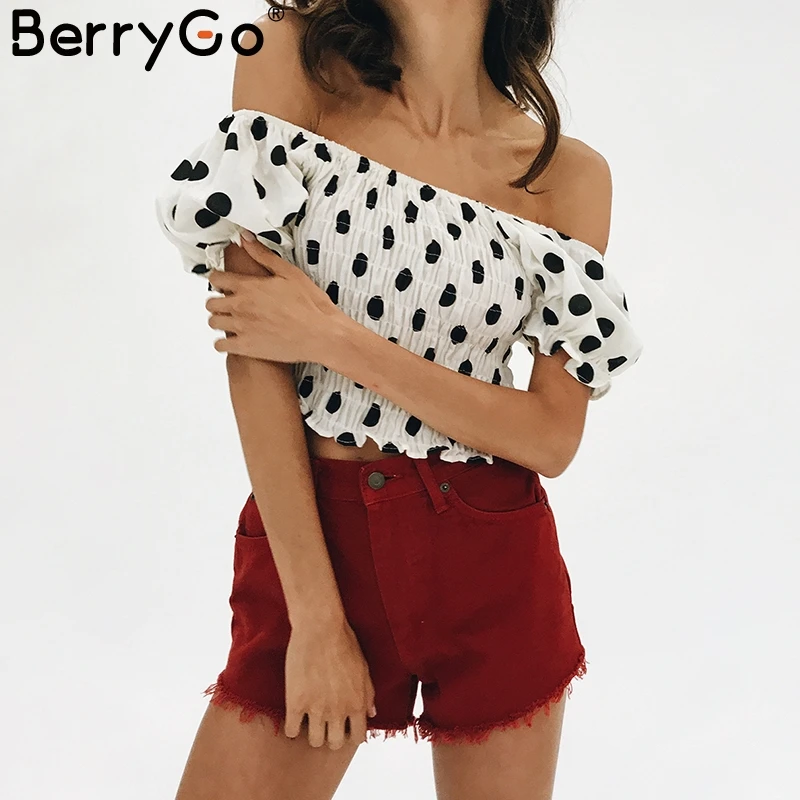 BerryGo Повседневное с открытыми плечами в crop футболка женщин смокинг скинни рюшами