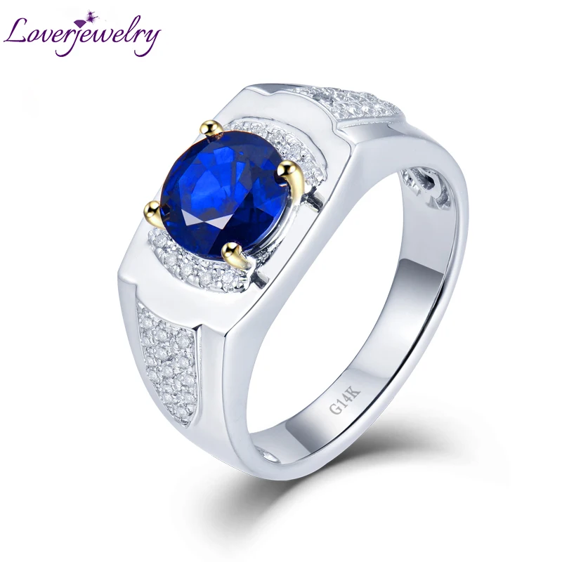 LOVERJEWELRY Настоящее твердое 14Kt белое золото синий сапфир для мужчин обручальное кольцо натуральный бриллиант модные ювелирные изделия для мужей юбилей