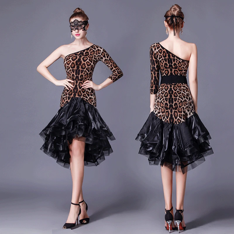 

woman leopard long sleeves single shoulder Latin dance performance one piece dress for international dance competition