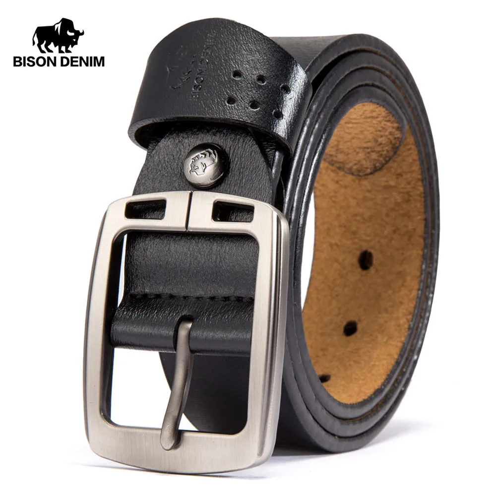 BISON DENIM Men's Belts Cowhide Genuine Leather Pin Buckle Belts Jeans Male Vintage Waistband Strap Leather Belt For Men N70781